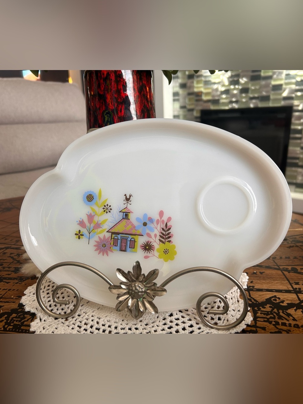 Federal Glass Chalet Milk Glass Snack Plate | Mid Century Floral Cottage motif